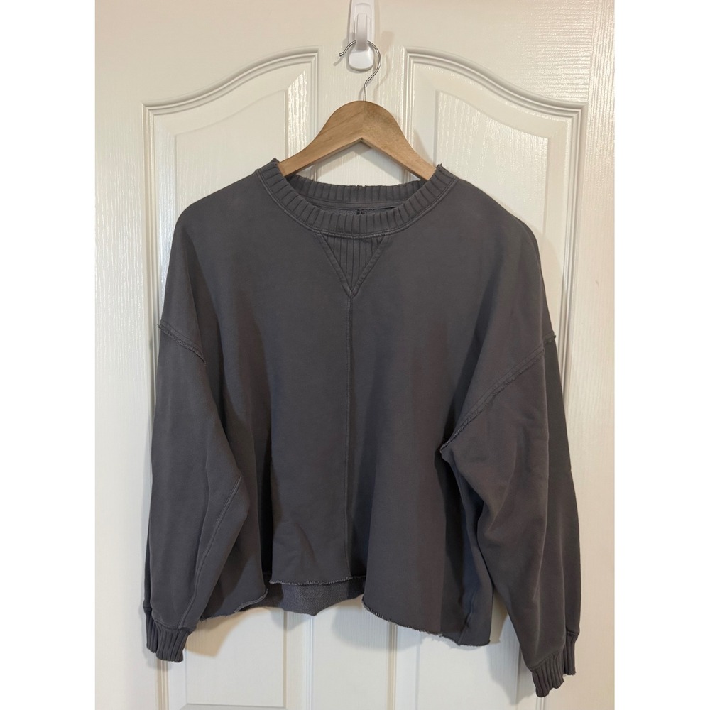 AERIE Grey Grunge Distressed Oversized Lounge Sweatshirt Cut Cropped Women xS
